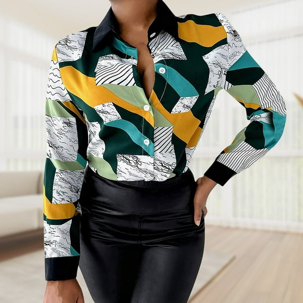 Blusas De Verano Blusas basicas estampadas Camisa con cuello en V Mujer Manga larga Traje diario Verde XL Ygjytge para Mujer Verde T S Walmart en linea