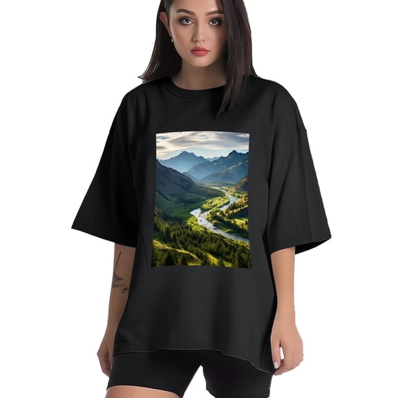Plus Size Shirt for Women Black Tops for Women Short Sleeves Shirt for Women Mountain T Shirt Crewneck Shirt for Women XS