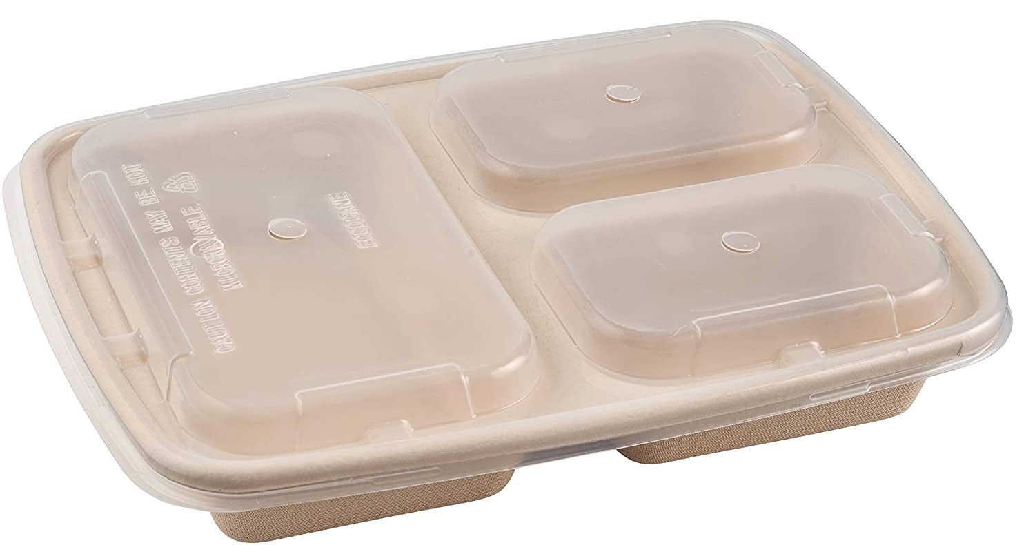 100% Compostable Disposable Food Containers with Lids [8”X8” 3-Comp 200  Pack] Eco-Friendly Take-Out TO-GO Containers, Heavy-Duty, Biodegradable