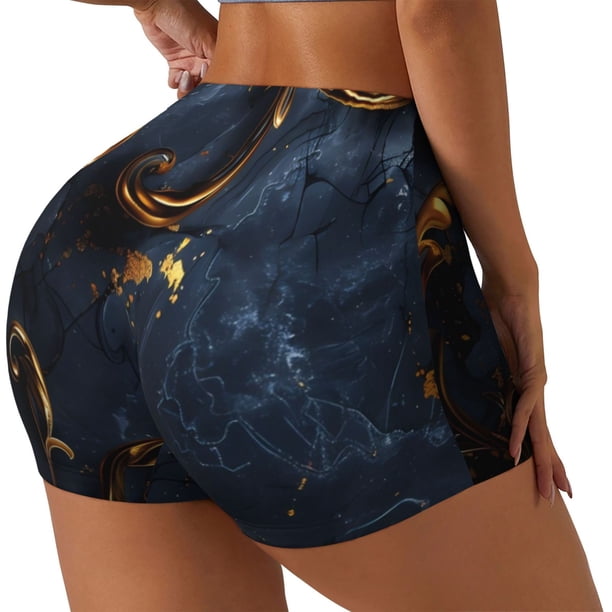 Fotbe Elegant Gold Scrollwork Shorts Sin Costuras – Shorts Deportivos de Cintura Alta para Mujer, Elásticos para Gimnasio, Yoga, Running o Ciclismo-Medium