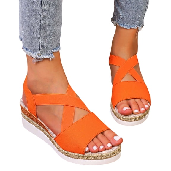 Xijirk Women Sandals Weave Open Toe Elastic Band Summer Slope Heel Thick Soled Wedges Women Sandals for Casual Fashion Wear,Orange,6.5