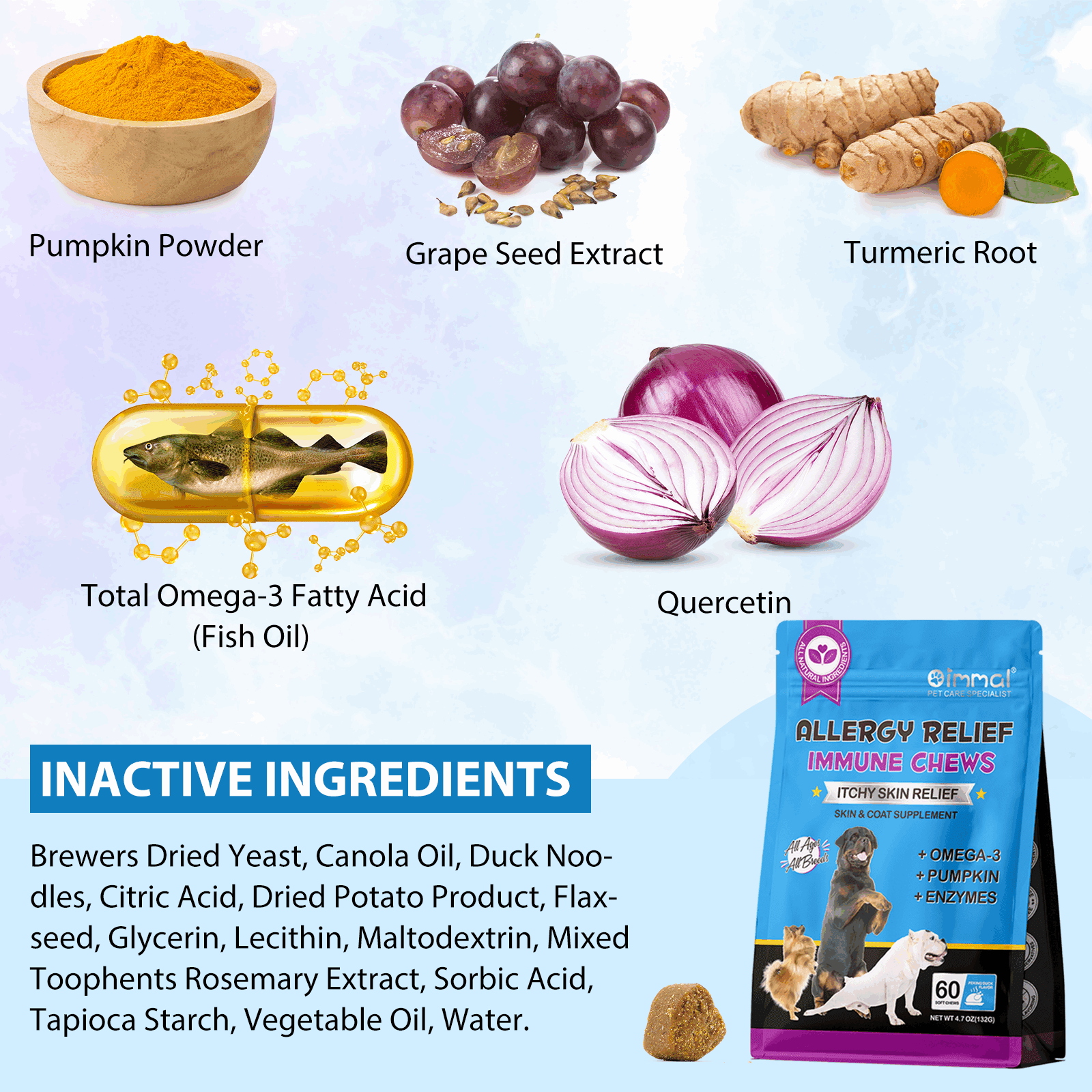 Oimmal Allergy Relief Immune Chews for Dog, Anti-Itch Skin & Coat Supplement with Omega 3 Fish Oil | Itchy Skin Relief - Help with Paw Licking, Dry Skin, Hot Spots (60 Treats - Peking Duck) 5Pack