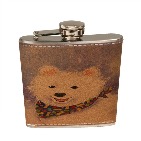 KuzmarK 6 oz. Leather Pocket Hip Liquor Flask - American Eskimo Dog Eskie Art by Denise Every