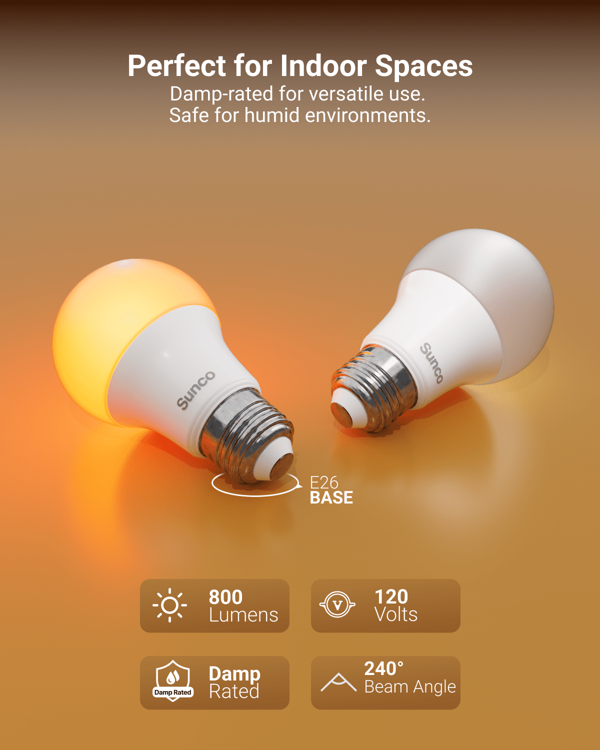 Sunco A19 LED Amber Light Bulb, E26 LED Bulb 60 Watt, Lights for Bedroom, Lamps, Living Room, 9W=60W, 1800K Amber Glow, Dimmable, 800 LM, E26 Medium Base, Instant On, Flicker Free, ETL, 4 Pack