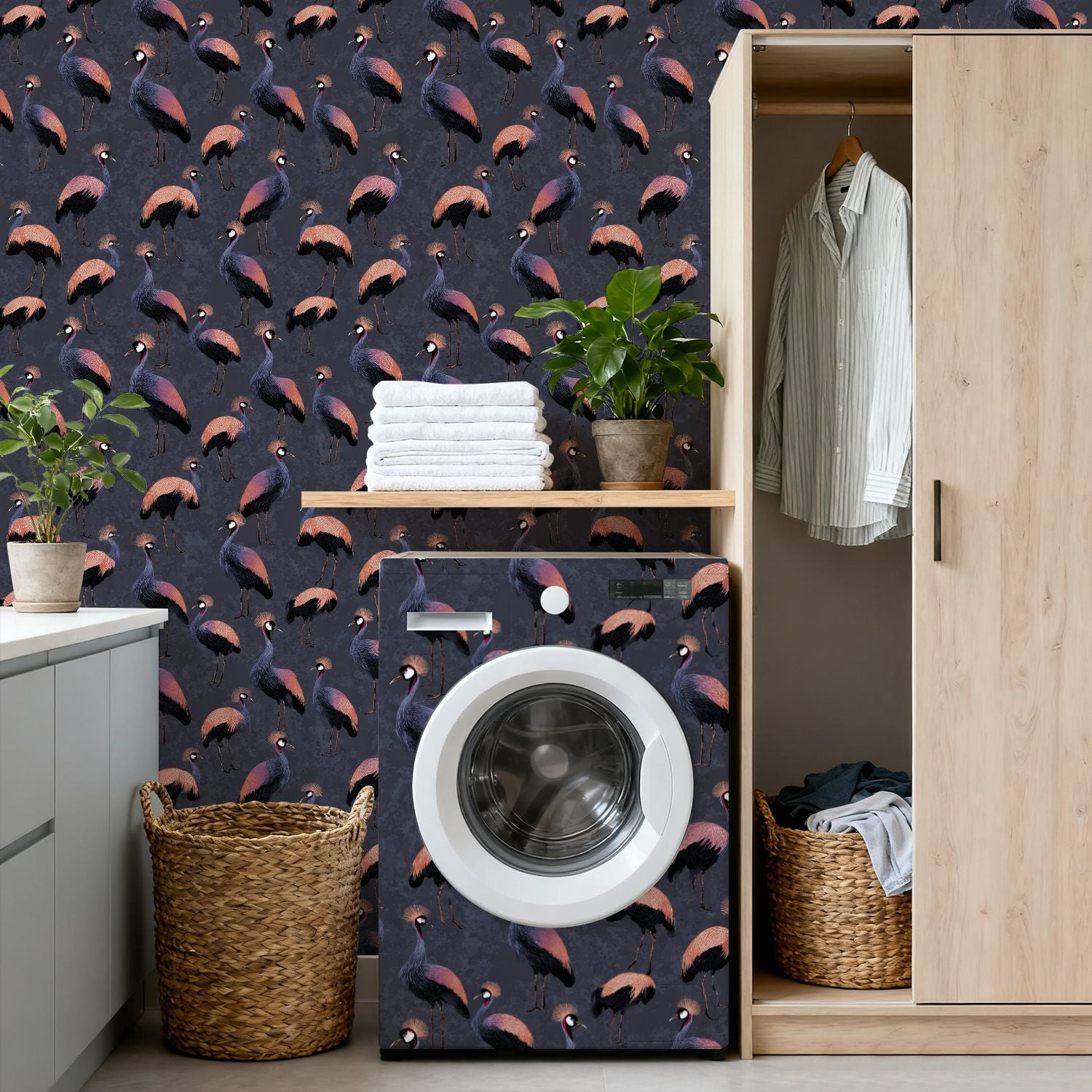 Peel and Stick Wallpaper Tropical Black Crowned Crane Coral Black Wall Mural 17.7in x 9.8ft Self Adhesive Removable Wall Paper Renter Friendly Wallpaper for Nursery Bedroom Cabinets