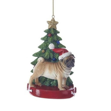 Pug Christmas Ornament - Fawn Pug Wearing Santa Hat with Christmas Tree Ornament New