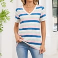 thumbnail image 6 of Women's Striped Color Block V-Neck Button Loose Short Sleeve T-Shirt Top, Casual Blouse for Spring Summer Outfits and Easy Layering,Blue,L, 6 of 7