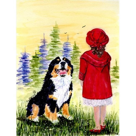 Little Girl with her Bernese Mountain Dog Flag - Garden Size, 11 x 15 in.