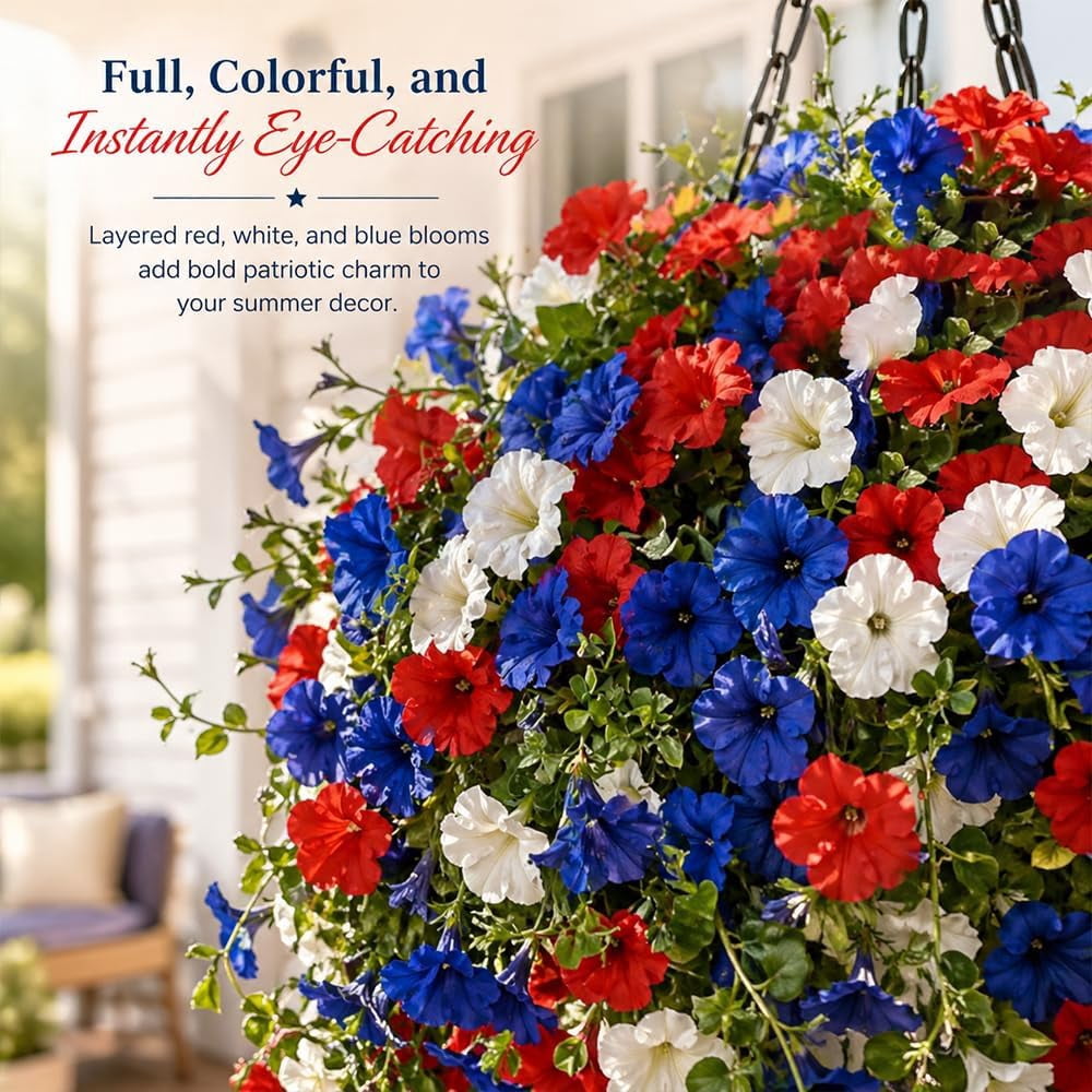 4th Of July Decoration Tricolor Patriotic Artificial Flower - Red White Blue UV Resistant Realistic Artificial Fake Hanging Silk Flowers for Memorial Day Independence Day (2Pcs With Solar LED lights)
