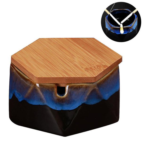 Cenicero de cerámica con tapa, diseño resistente al viento y forma geométrica.
