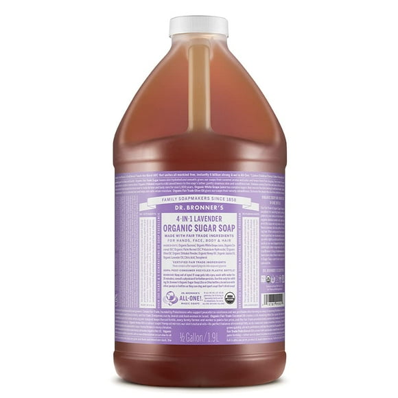 Dr. Bronner's - Savon au Sucre Bio (Lavande, 64 Onces) - Fabriqué avec des Huiles Bio, du Sucre et de la Poudre de Shikakai, Utilisations 4-en-1: Mains, Corps, Visage