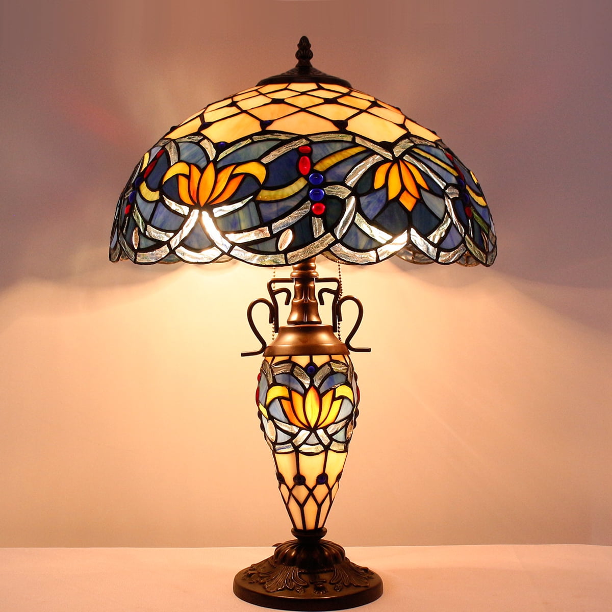 Tiffany Lamp with Nightlight Rustic Large Blue Stained Glass Lotus Table Lamp Desk 24" Tall Vintage Base Lover Living Room Bedroom Bedside Nightstand Home Office Family  Led Bulb Included