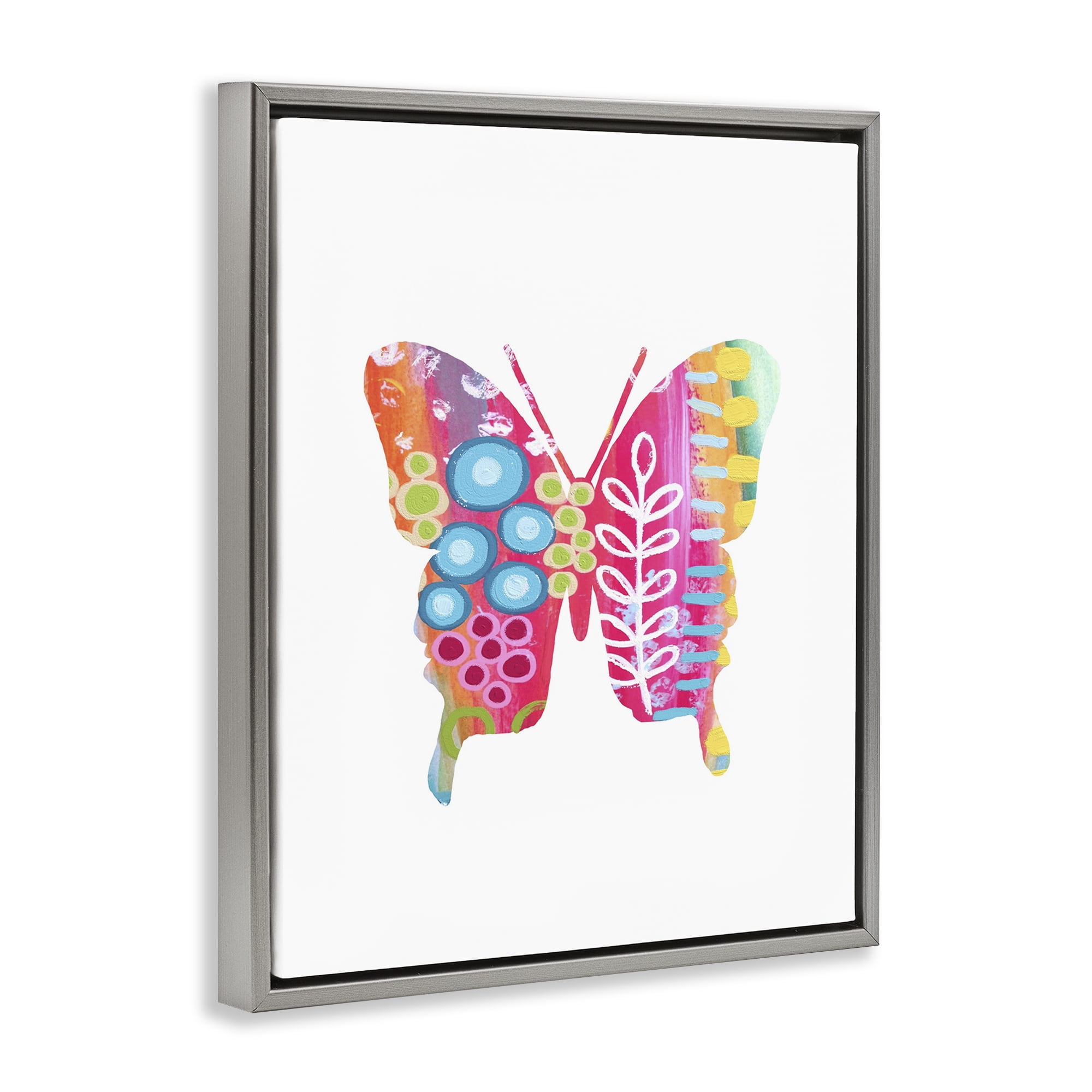 Stupell Industries Pink Florals Butterfly Animals & Insects Painting Gray Floater Framed Art Print Wall Art, 25 x 31