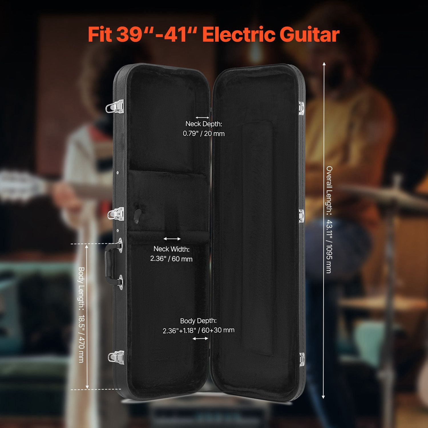 Electric Guitar Hard Case, 43.11 in Rectangular Guitar Hard Case, With Lock Latch Keys Handle, PVC Padding Soft Lining Water-Resistant Hard Shell Guitar Cases, for 39 in Electric Guitars, Black