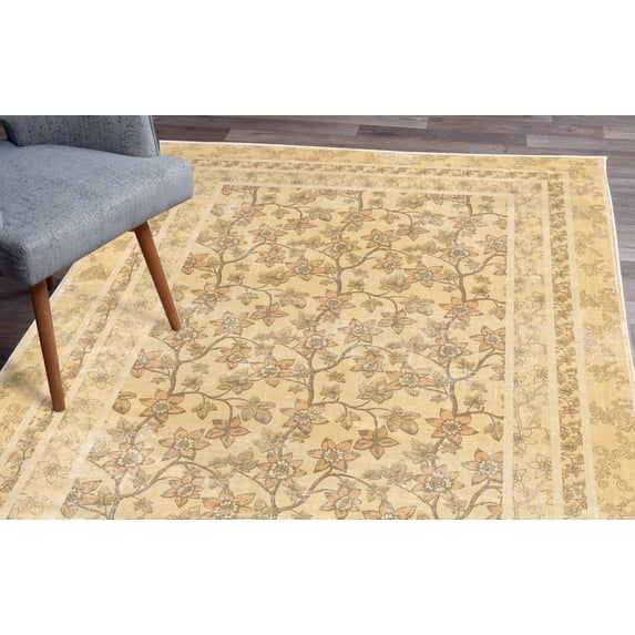 Floral Area Rug, Curlicue Flower Branches of Romantic Spring Soft Colors Botanical Meadow Art, Soft Carpet for Living Room Decor with Distressed Look, 5.2' X 7.6', Pale Yellow Umber, by Ambesonne