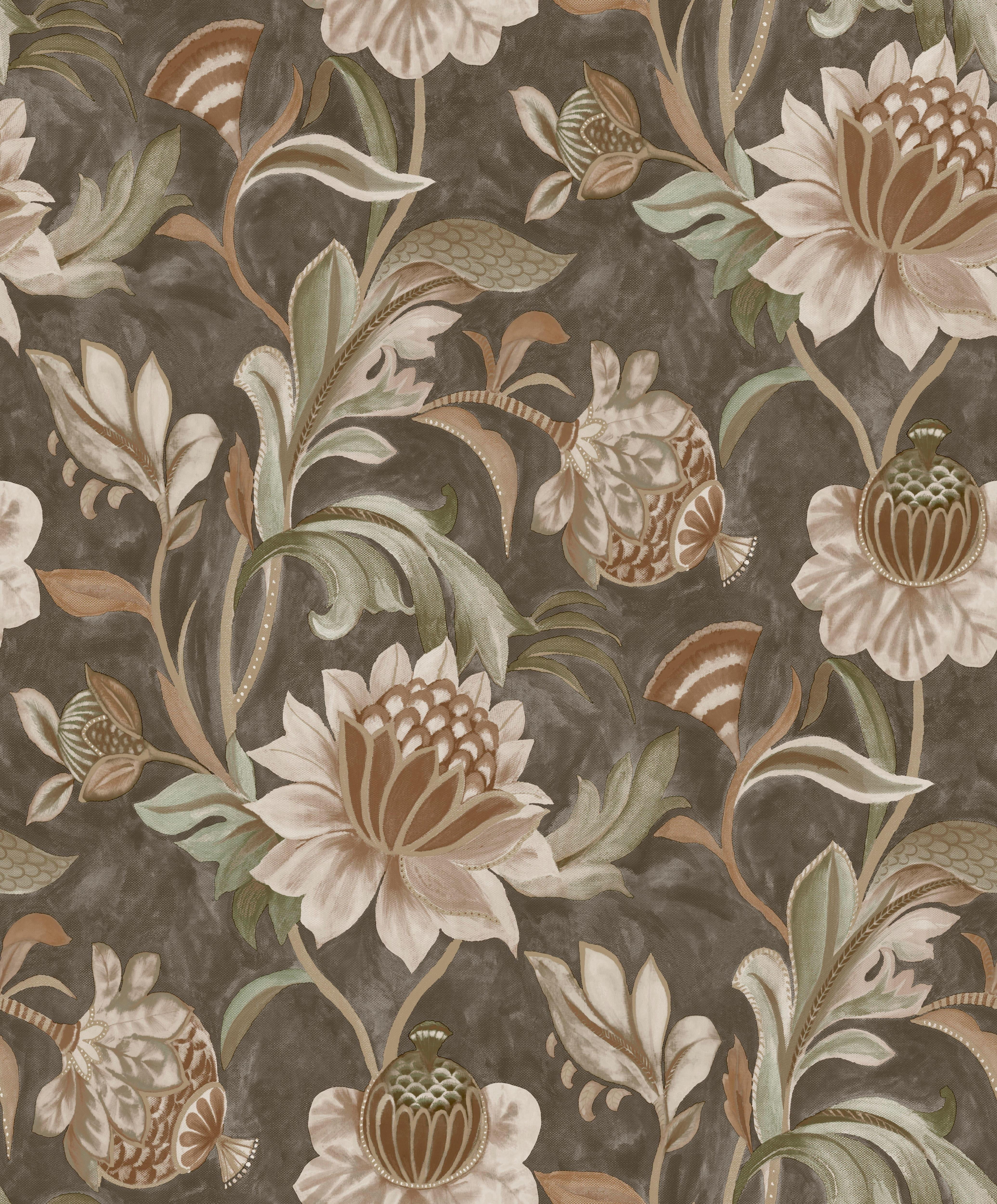 Charcoal Rust Grey Jacobean Style Floral Wallpaper
