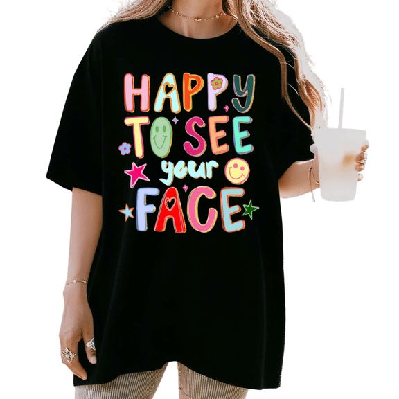 Women's Happy To See Your Face Retro Smiley Face Aesthetic Graphic T Shirt Short Sleeve Round Neck Top Black S-5XL