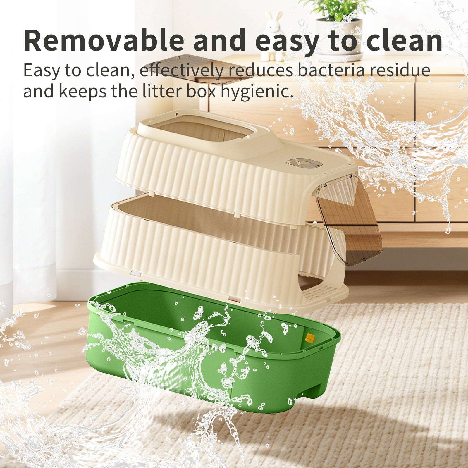 Green Fully Enclosed Cat Litter Box, Drawer Type Odor-Locking Litter Pan with Anti-Splash Design, Easy Clean Removable Cat Litter Tray for Cats of All Sizes, Multi-Cat Household