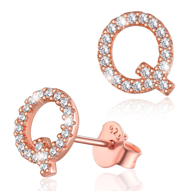 Silvora Shiny Letter Initial Stud Pendientes para mujer Pendientes de plata esterlina con Circonita cúbica Cumpleaños Navidad Joyería Regalos, Q