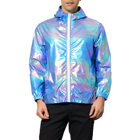 INSPIRE CHIC Men's Jacket Metallic Zip up Hooded Lightweight Holographic Shiny Jackets M Blue Purple
