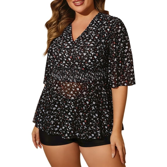 DHFJKG Tankini Swimsuits For Women Plus Size Floral Flowy Tankini Tops With Shorts Swimwear Two Piece Bathing Suits Short Sleeve V Neck Stylish Beachwear