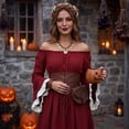 thumbnail image 4 of Renaissance Dress Women Medieval Victorian Dresses Off Shoulder Bell Sleeve Halloween Peasant Gothic Fairy Witch Wedding Under Dress Wine L, 4 of 9