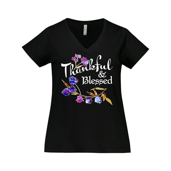 Inktastic Thankful and Blessed Inspirational Saying with Flowers Women's Plus Size V-Neck T-Shirt