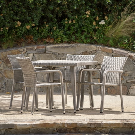 5 Piece Outdoor Dining Set Wicker Rosalie 5 Piece Outdoor Aluminum Framed Wicker Dining Set with Square Table, Chateau Grey ()