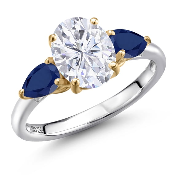 Gem Stone King 925 Silver and 10K Yellow Gold White Moissanite and Blue Sapphire Engagement Ring for Women | 3.10 Cttw | Oval 9X7MM | Gemstone Birthstone | Size 8