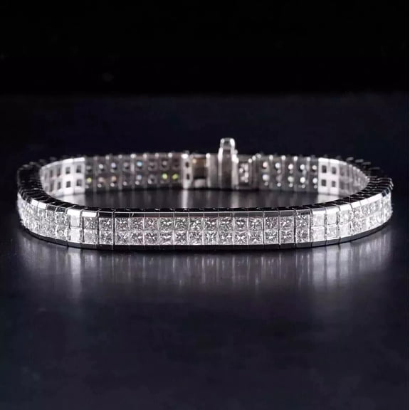 Lakshya Jewel LLC 14K White Gold Finish Princess Cut Cubic Zirconia Men's Tennis Link Cluster Bracelet Silver