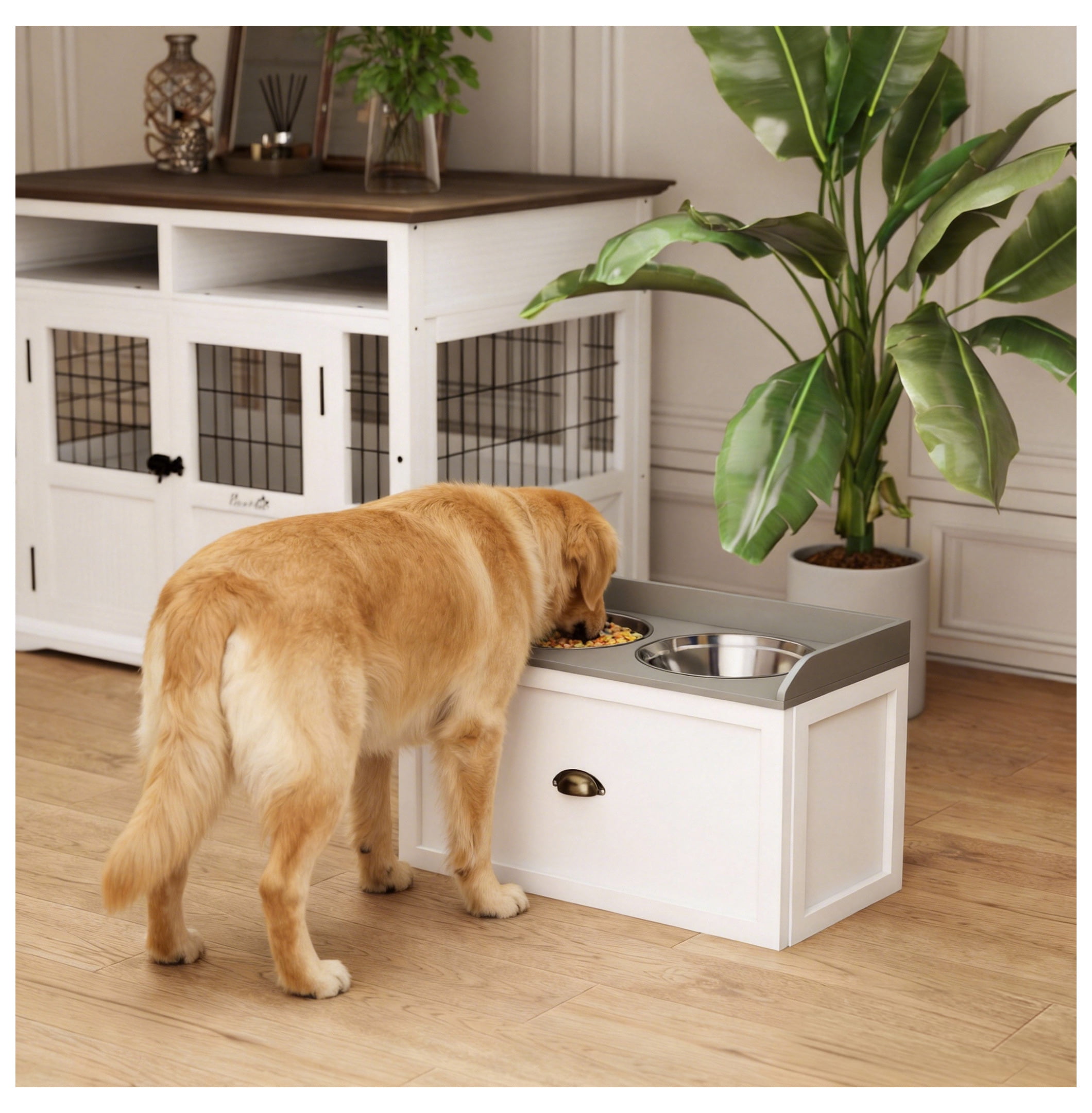 Elevated Dog Bowls with Storage, Pet Feeding Station for Large Dogs, 2 Stainless Steel Bowls, White Dog Diner