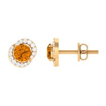 Rosec Jewels Natural Citrine Stud Earrings with Diamond for Women (1.25 CT, AAA Grade), 18K Yellow Gold