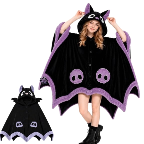 Cute Bat Blanket Hoodie, Wearable Bat Blanket Adult for Halloween Cosplay, Soft Hooded Bat Cape for Women Halloween Cosplay Cape | Plush Hooded Cloak with Skull Pockets