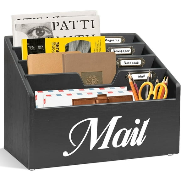Rustic Mail Organizer for Desk, Mail Holder File Organizer Wall Mount, Office Accessories Mail Organizer Countertop with Removable Partitions, Desk Organizer for File Paper Folder, Black