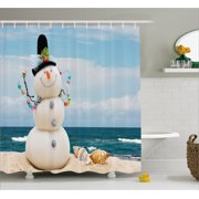 Seashell Bathroom Decor Snowman Shower Curtain Winter Vacation Holiday Theme With Seashells Sitting On Sandy Beach Coastal