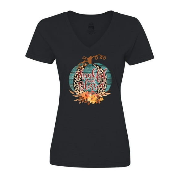 Inktastic Thankful and Blessed Teal Cheetah Pumpkin Women's V-Neck T-Shirt