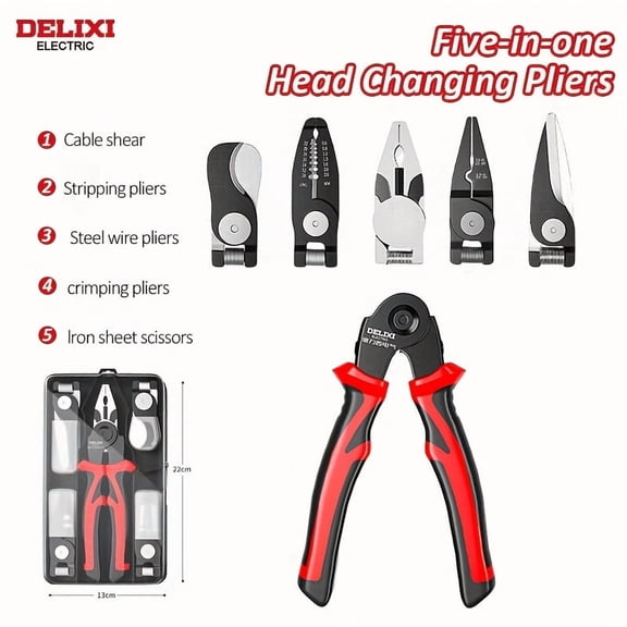DELIXI 5-in-1 Multi-Function Pliers - Wire Stripper, Crimper & Cutter | Professional Electrician Tool for Steel/Iron | No Power Needed