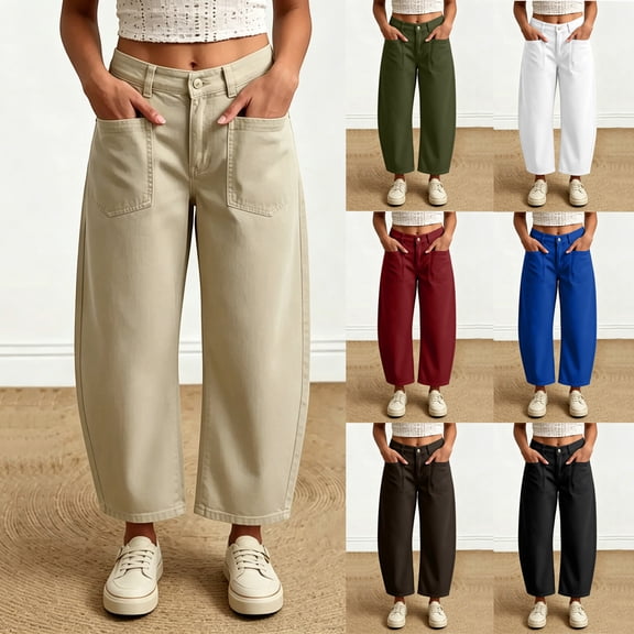 Barrel for Women Trendy Cropped High Waisted Patch Pocket Baggy Stretch Pants Casual Wide Leg Khaki XL(XL)