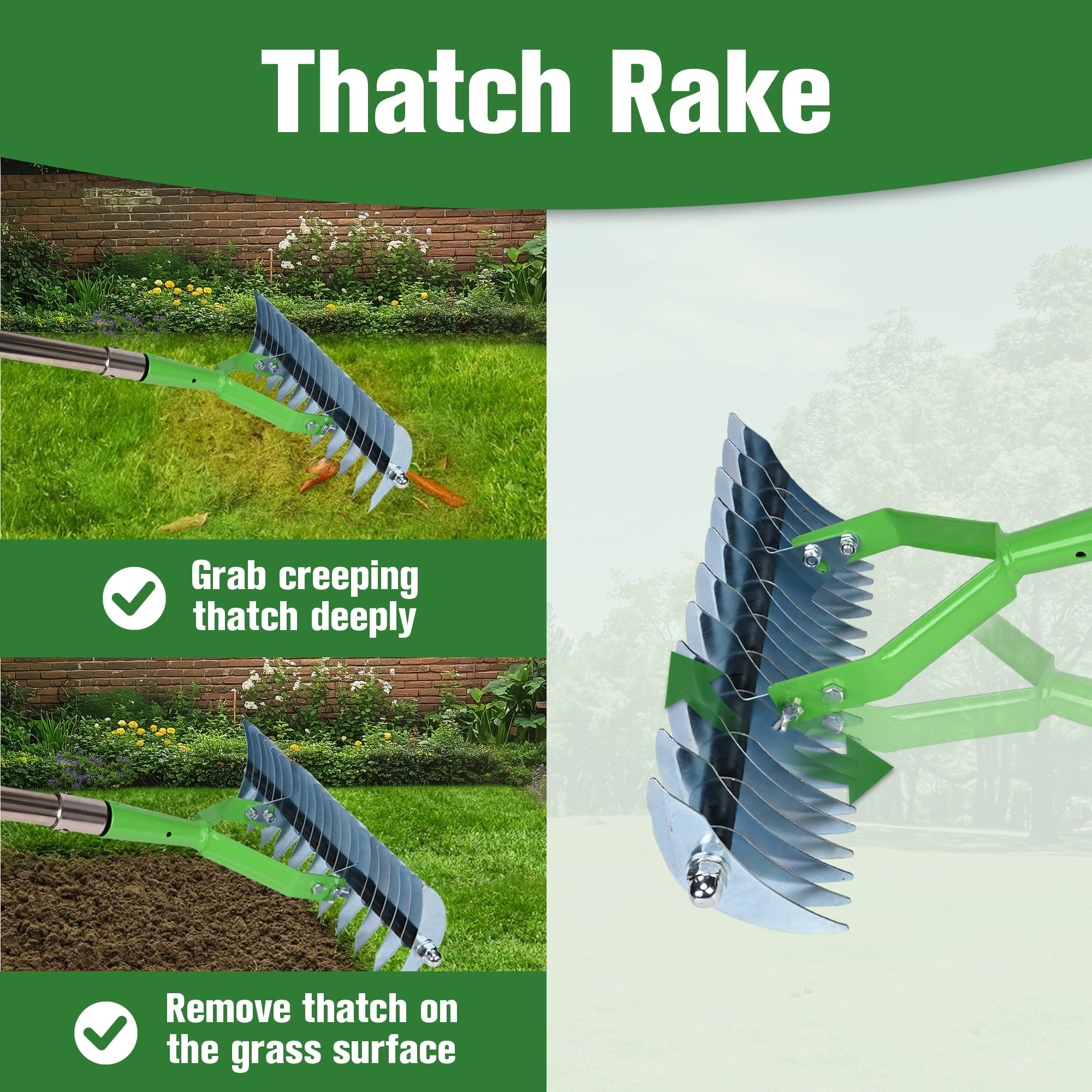 Flngr Thatch Rake for Lawn, 13.78 inch Dethatcher Rake for Grass to Cleaning Dead Grass, Metal Rake for Dethatching, Heavy Duty Thatching Rakes for Garden, Yard