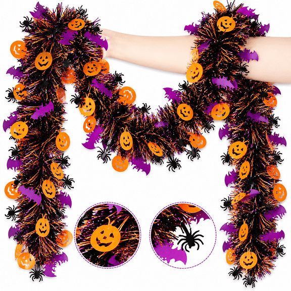 Halloween Garland Decorations,50Ft Glitter Tinsel Pumpkin Bats Spider Garland Decor for Tree Car Golf Cart Parade Float Indoor Outdoor Holiday Home Burnt Orange Black Purple