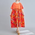 thumbnail image 1 of Vestido vintage de lino de algodón para mujer, empalme con estampado, cuello redondo, bolsillo CACAGOO  Vestido de mujer, 1 of 7