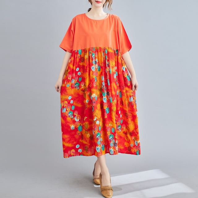 Vestido vintage de lino de algodón para mujer, empalme con estampado, cuello redondo, bolsillo CACAGOO Vestido de mujer