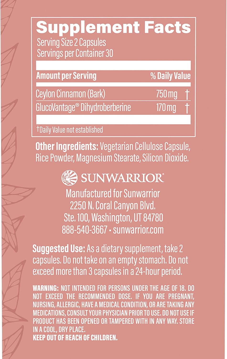 Sunwarrior Berberine with Ceylon Cinnamon Dietary Supplements, 60 Vegan Capsules