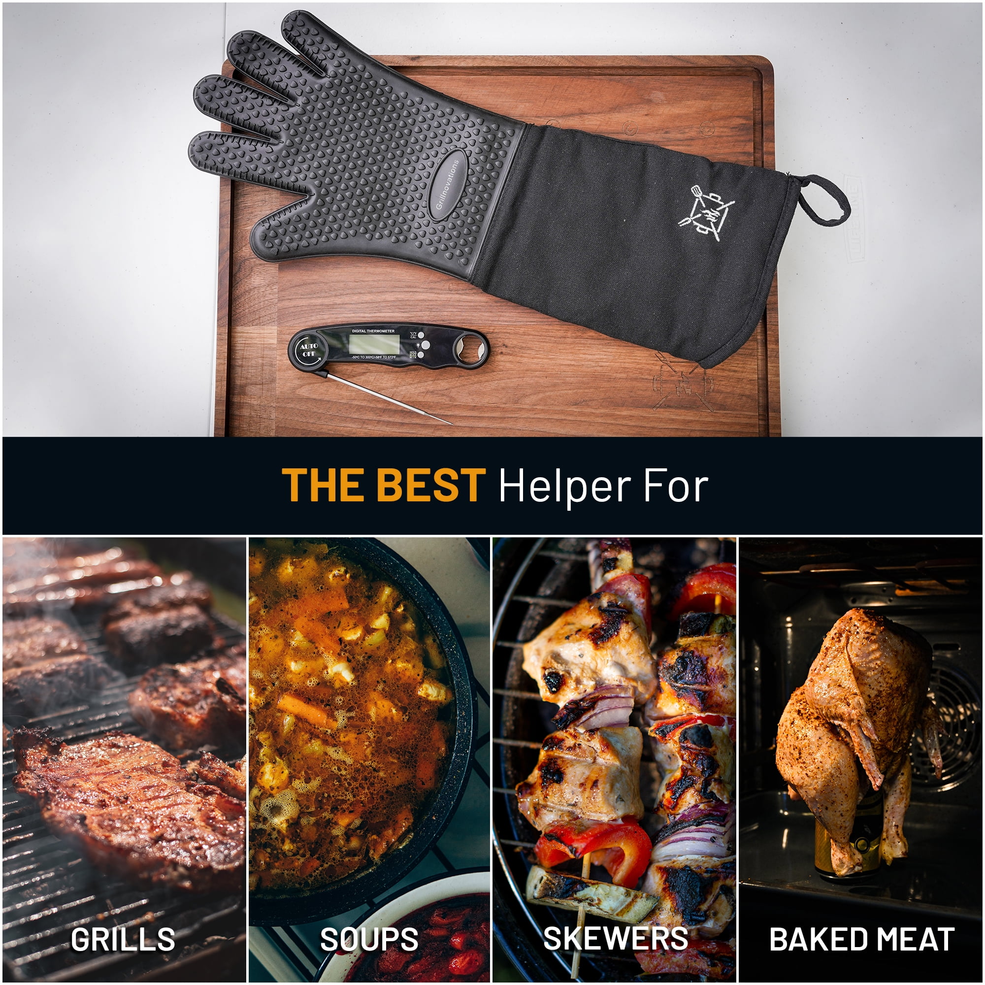 Duo Pack Instant Read Food and Meat Digital Thermometer and Grilling Glove. Power Saving and Backlight function. Grilling Guide Included
