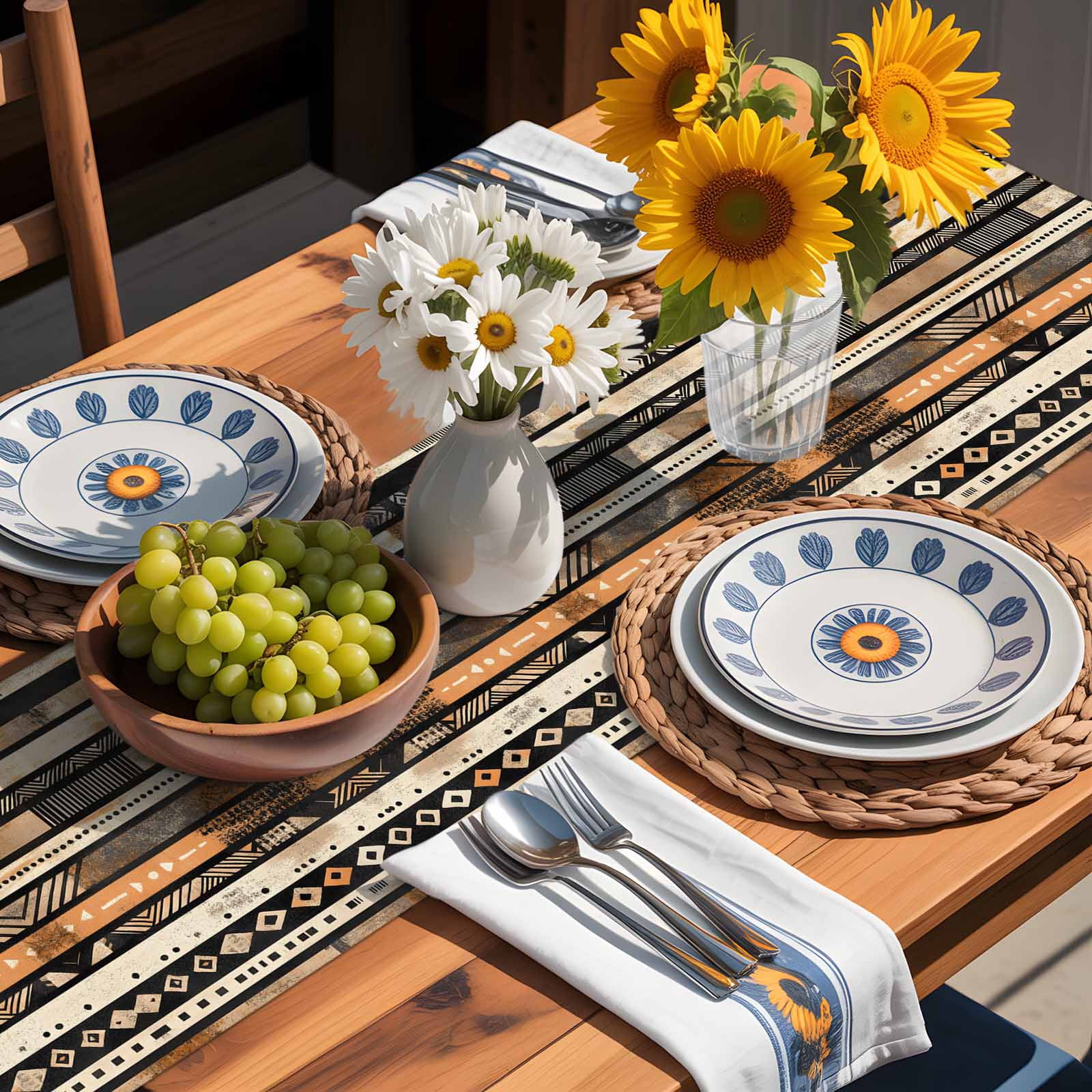 Abstract Ethnic Geometric Stripes Table Runner 90 Inches Long, Boho Tribal Totem Lines Table Runners Tabletop Scarf Kitchen Dining Tables Decoration for Home Party Indoor Outdoor