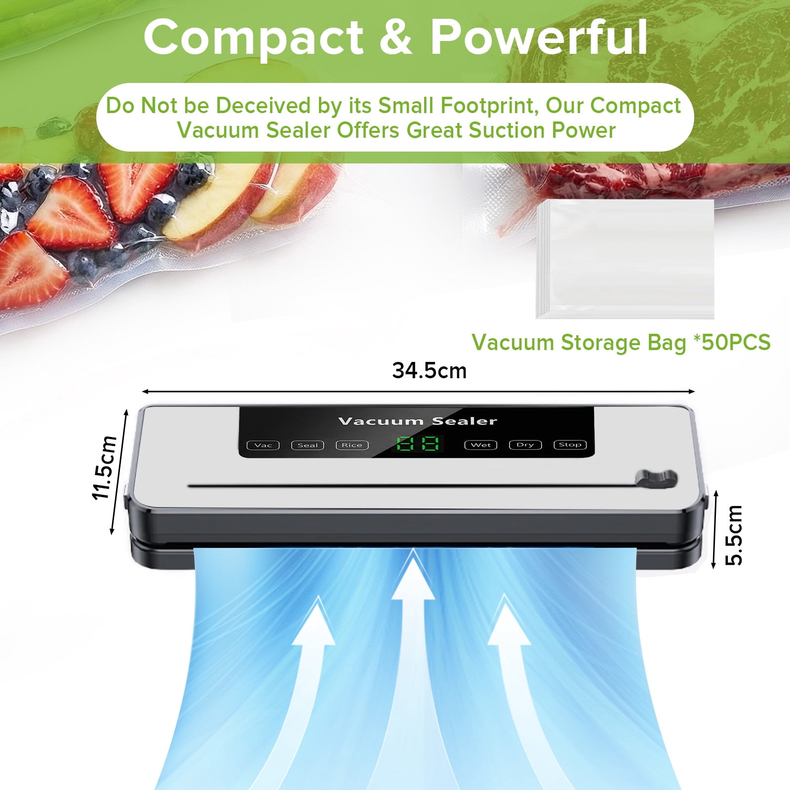 Yucurem Vacuum Sealer Machine with 50 Bags, Auto Vacuum Sealer for Food with Dry & Moist Modes, Built-in Cutter, Compact Design for Food Storage
