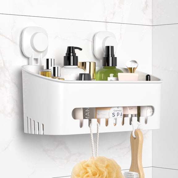 Aship Suction Cup Shower Caddy, No-Drill Removable Shower Organizer with Hook Slots, 22 lbs Heavy Duty Shower Storage, Waterproof Suction Shower Shelf for Bathroom Kitchen Wall, White