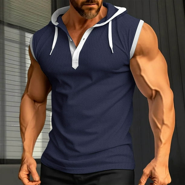 pstuiky Camiseta sin mangas para hombre, Blusa sin mangas con capucha y cuello redondo para hombre, con botones y parches de fitness de color Camisas para hombres xl