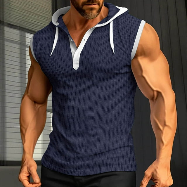 pstuiky Camisetas sin mangas, Blusa sin mangas con capucha y cuello redondo para hombre, con botones y parches de fitness de color Tops elegantes para mujer xxxl