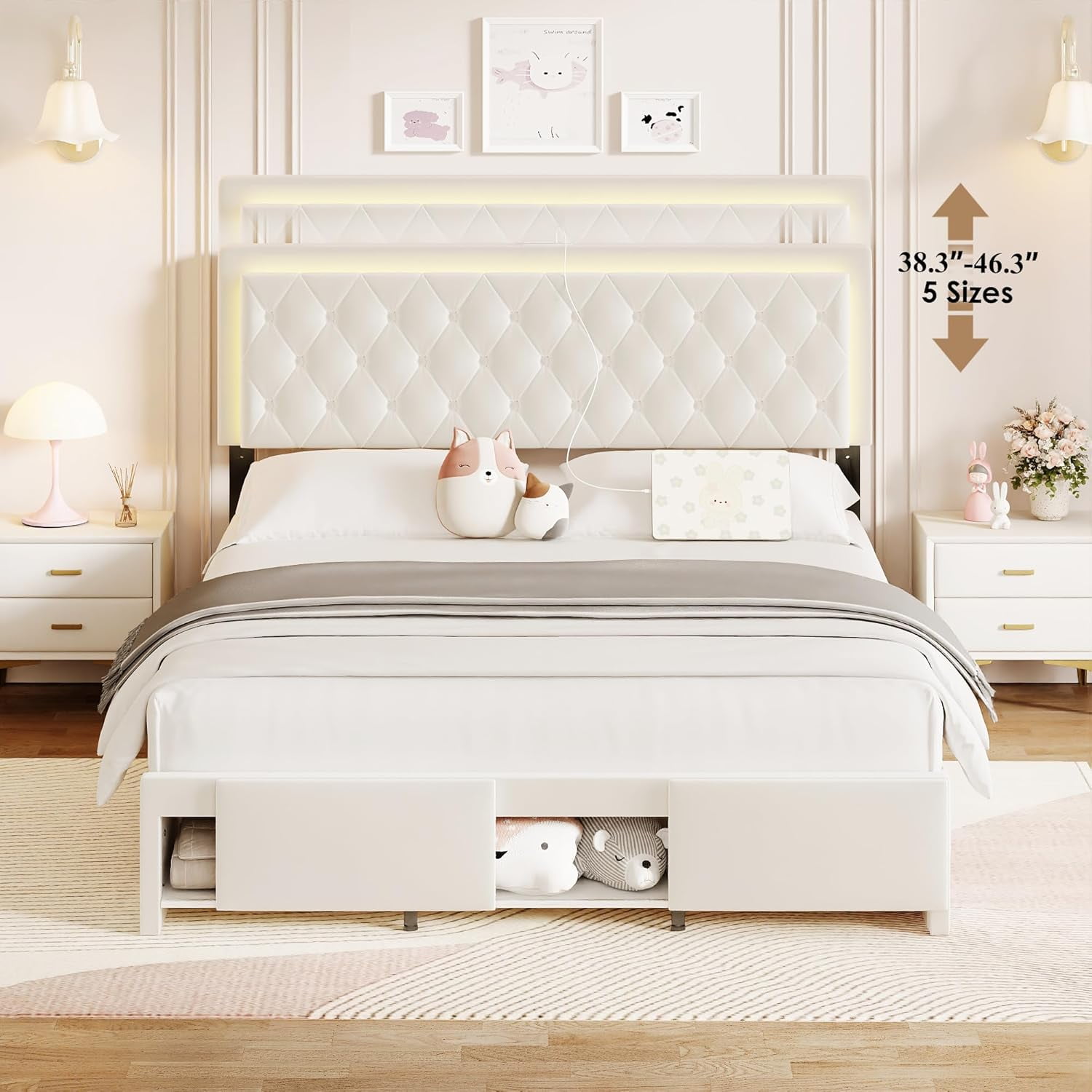Queen Size Bed Frame with Storage, LED Bed Frame Queen with Adjustable Headboard, Upholstered Velvet Platform Queen Bed Frames with Charging Station, Wooden Slats Support, No Box Spring Needed, White